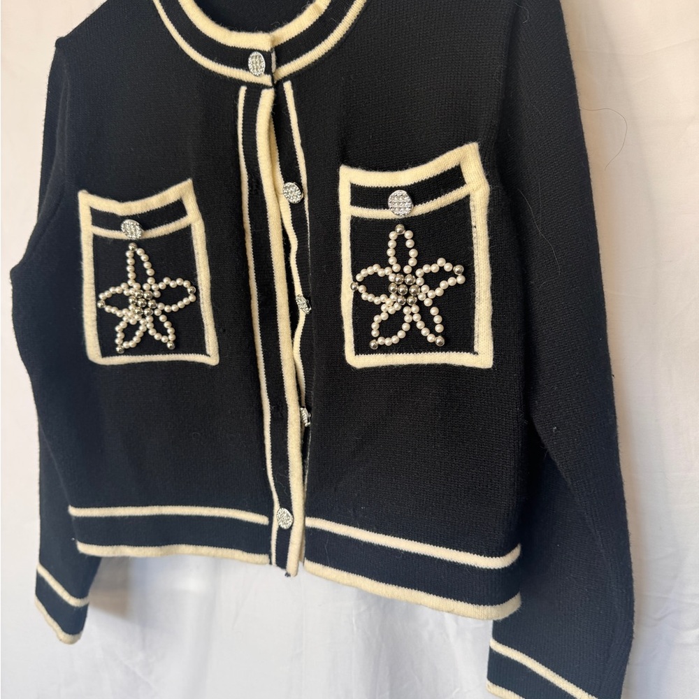 Beulah Black Knit Cardigan with Ivory Trim and Pearl Star Pockets - Picture 5 of 9